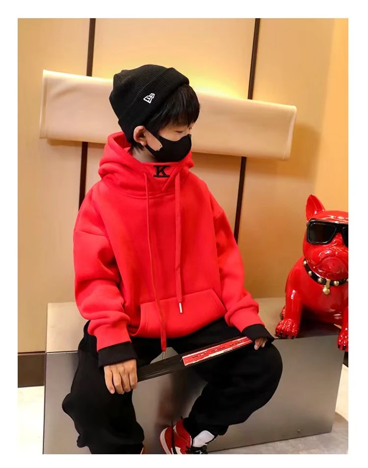 呆呆虎冬季加绒加厚红色年货款宝宝喜庆儿童男款连帽卫衣休闲