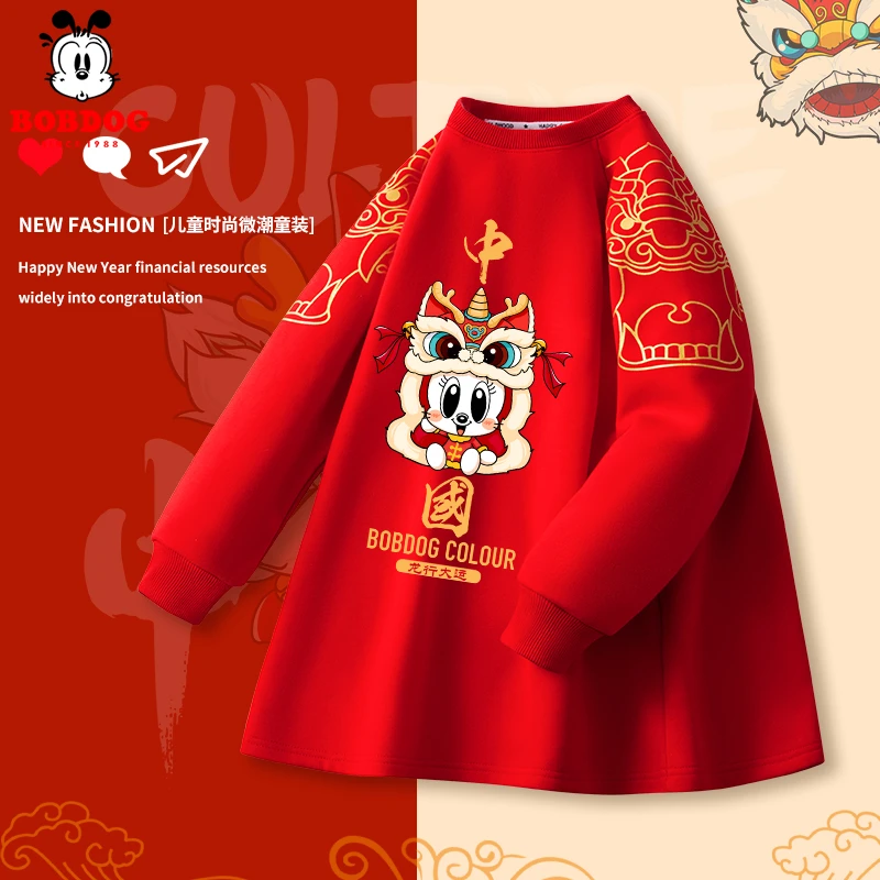 巴布豆女童加绒连衣裙红色冬款中国风龙年运动上衣加厚国潮拜年服