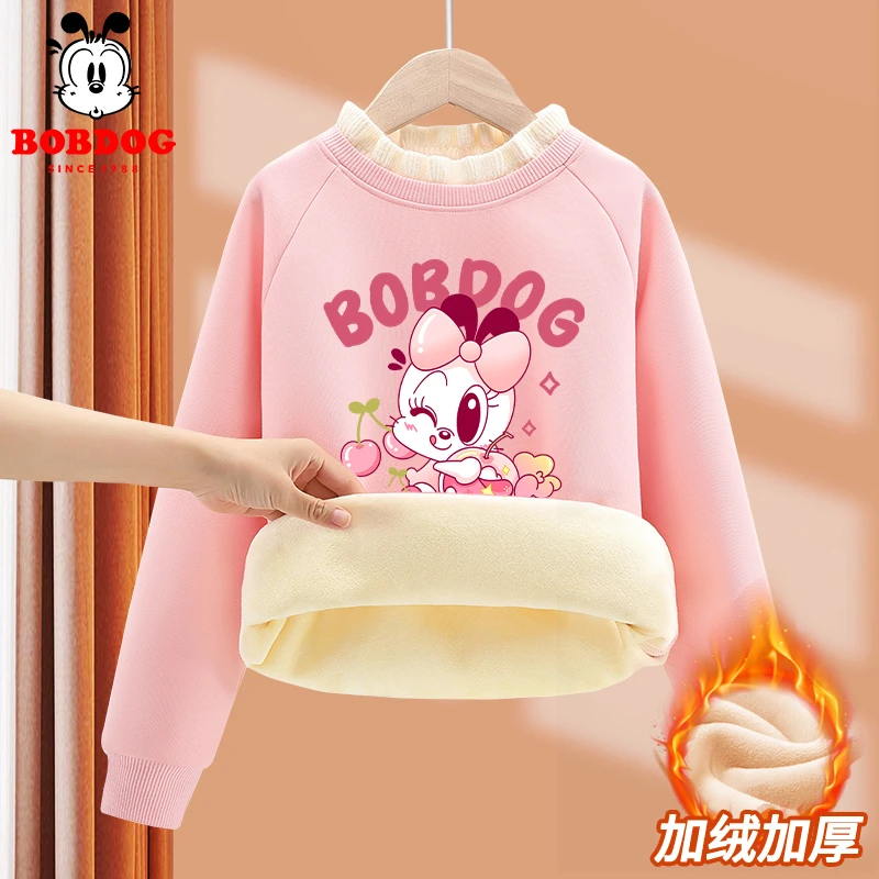 巴布豆女童加绒卫衣秋冬款中大童保暖童装加厚女孩打底衫高领衣服