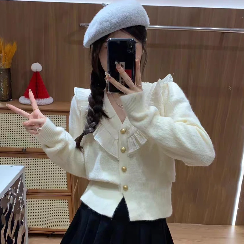 法式荷叶边拼接V领毛衣针织衫气质别致漂亮小衫女士上衣DT1232006