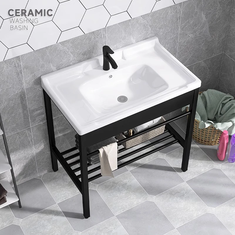 小户型阳台洗手盆卫生间不锈钢支架洗脸盆一体陶瓷洗漱台池落地式