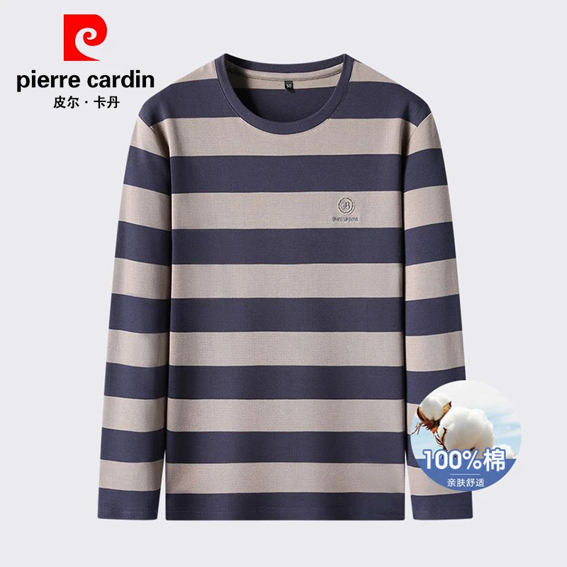 皮尔卡丹【纯棉】春秋季新款条纹休闲长袖t恤男士圆领打底衫男内搭