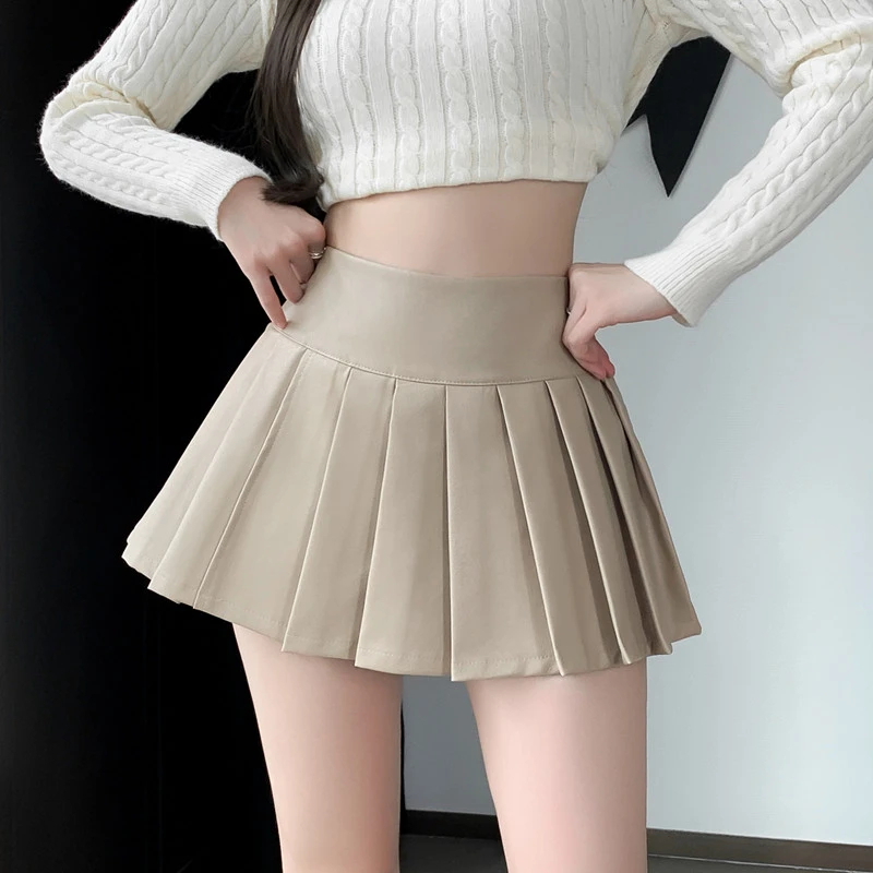 辣妹气质PU皮百褶短裙女秋季2023新款韩版防走光显瘦高腰a字裙子