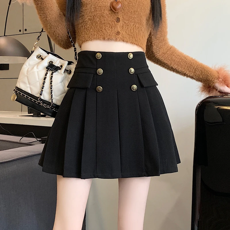 辣妹百褶裙2024新款春秋女设计感双排扣高腰小个子防走光a字短裙