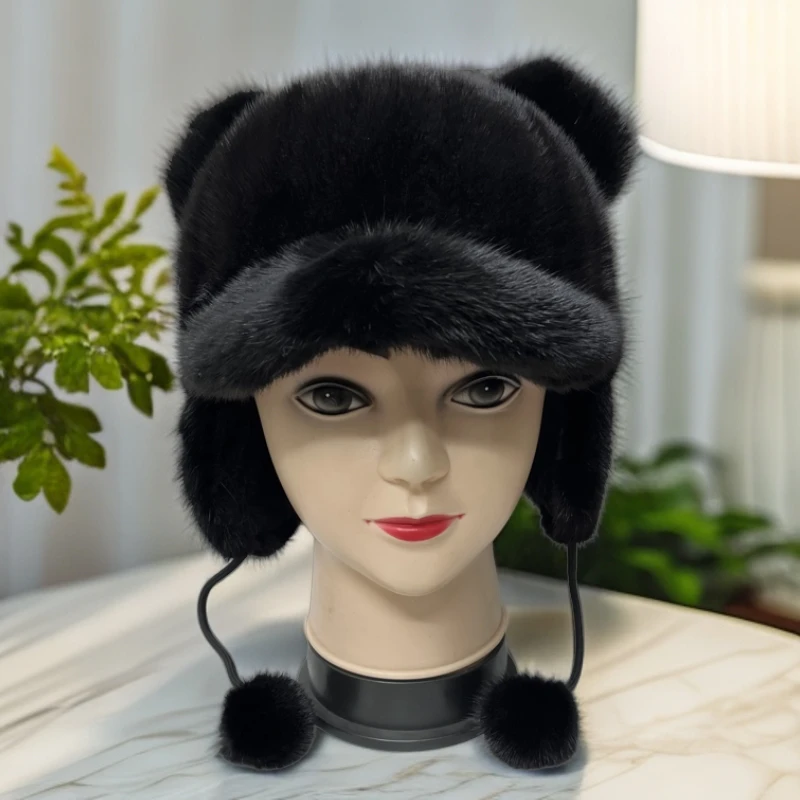 冬季时尚保暖水貂毛拼貂米奇耳朵护耳帽