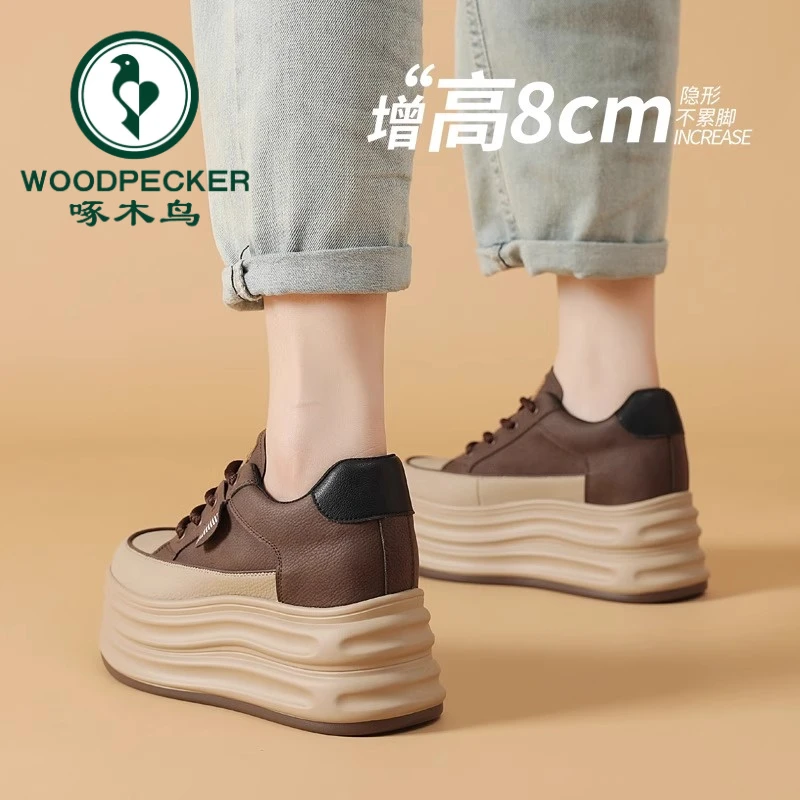 啄木鸟8公分内增高女鞋2025 新款春秋小个子松糕厚底鞋加绒棉鞋女