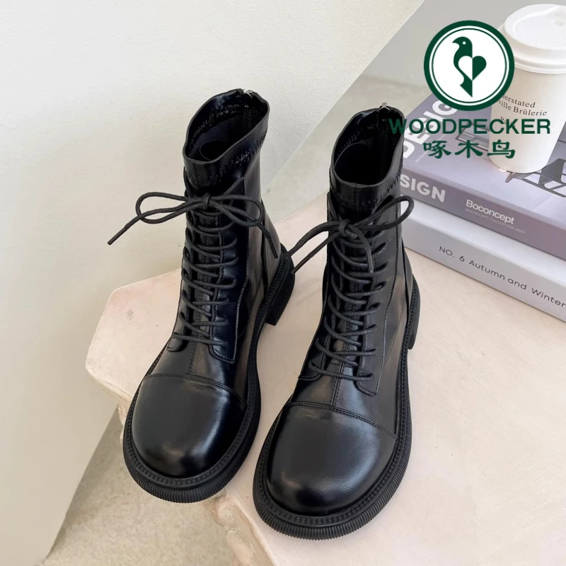 啄木鸟秋冬新款英伦风百搭短靴厚底机车单靴圆头女皮靴女生女士