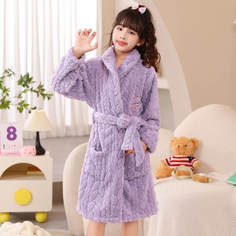 儿童睡袍女孩秋冬法兰绒珊瑚绒加厚睡衣男童女童中大童浴袍家居服