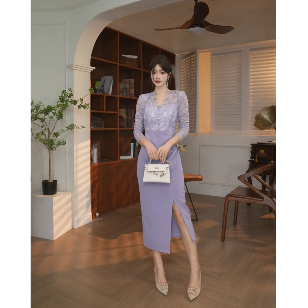 【JANE·简】2024秋装新款女装轻熟风气质V领收腰连衣裙20853