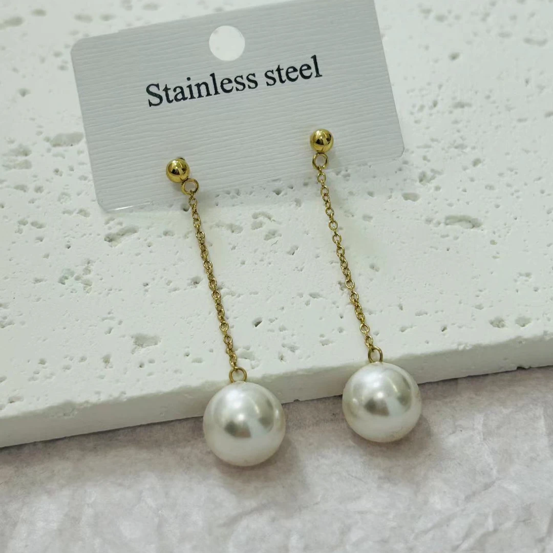 钛钢仿珍珠耳饰 【Kiss娜】钛钢2121时尚流苏10mm贝珠耳环