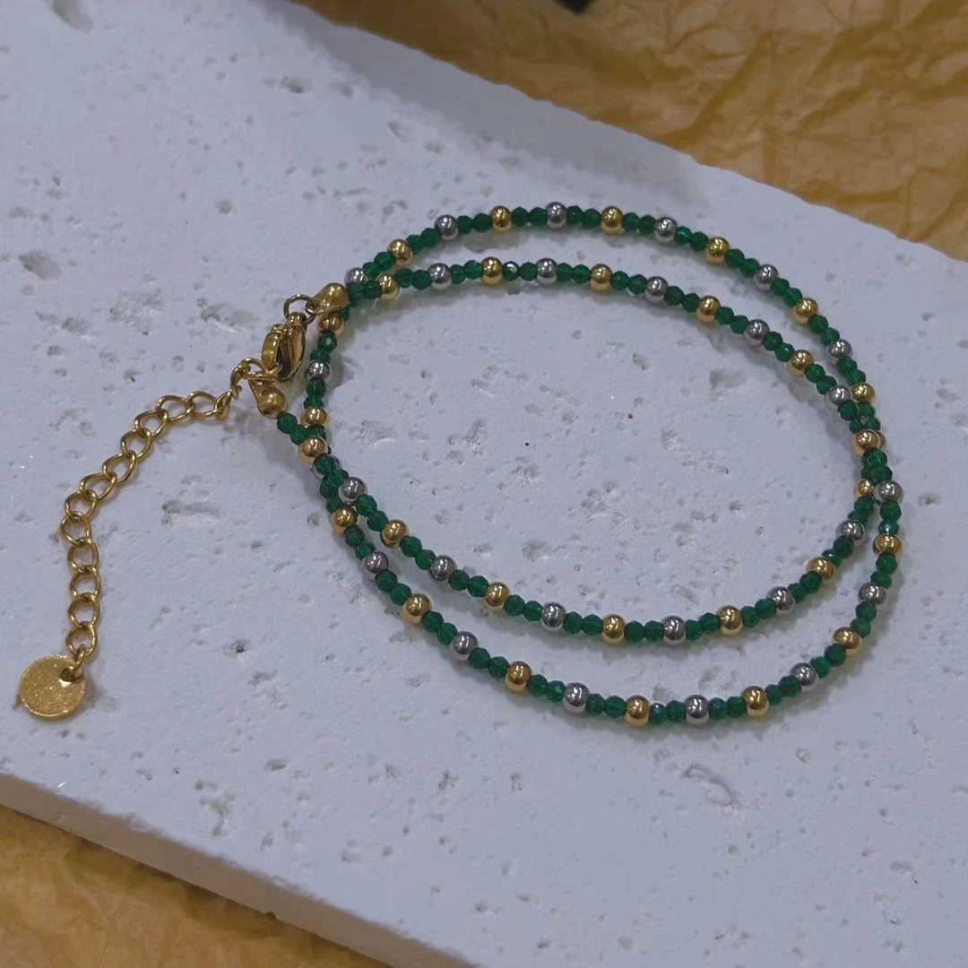 钛钢项链 【Kiss娜】钛钢1847时尚墨绿晶晶拼圆珠项链