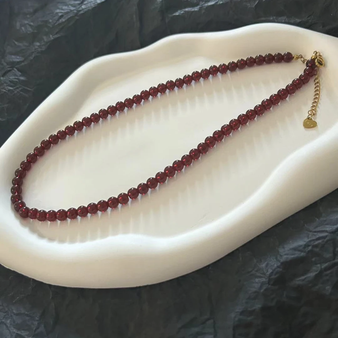 钛钢玻璃项链 【Kiss娜】钛钢2371气质红色满串珠珠项链