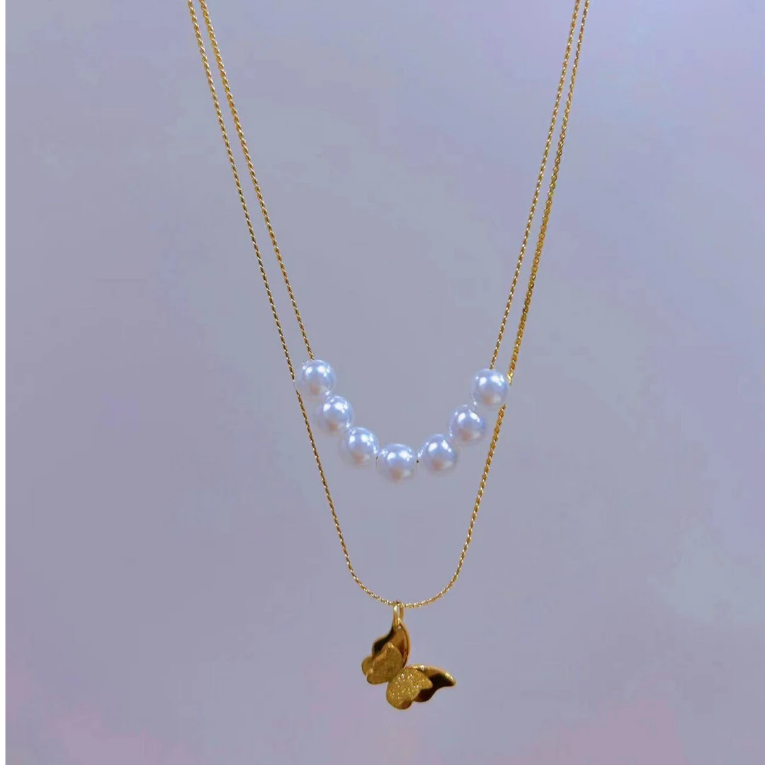 钛钢项链 【Kiss娜】钛钢1811时尚双层贝珠蝴蝶项链