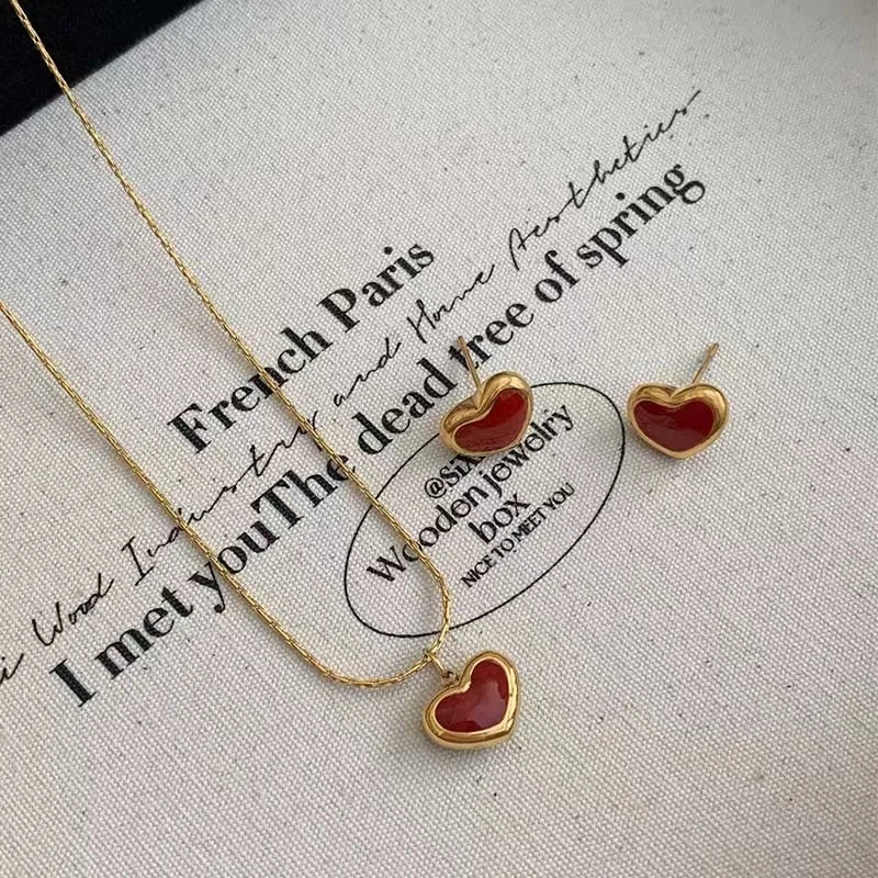 钛钢项链 【Kiss娜】钛钢1305气质红色滴釉小桃心项链