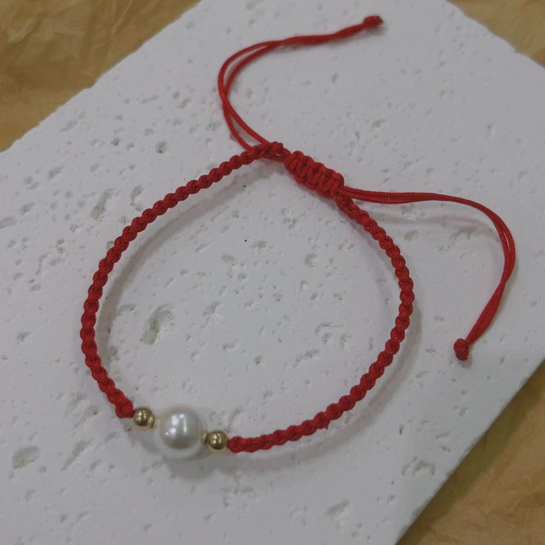 钛钢布艺手链 【Kiss娜】1845简约手工编织红绳贝珠手链