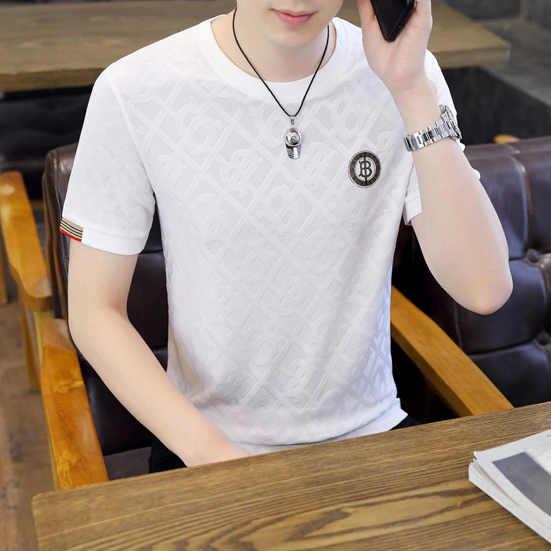 冰丝短袖t恤男士夏季高档圆领薄款体恤休闲潮流速干透气提花半袖