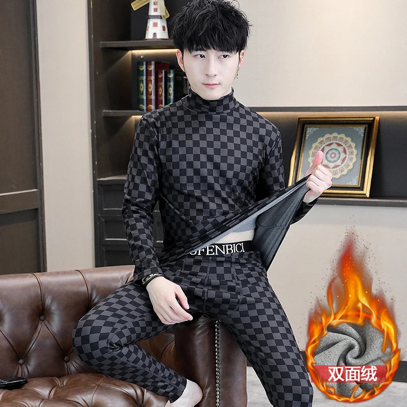 秋冬季男士加绒半高领德绒无痕保暖内衣秋衣秋裤贴身打底