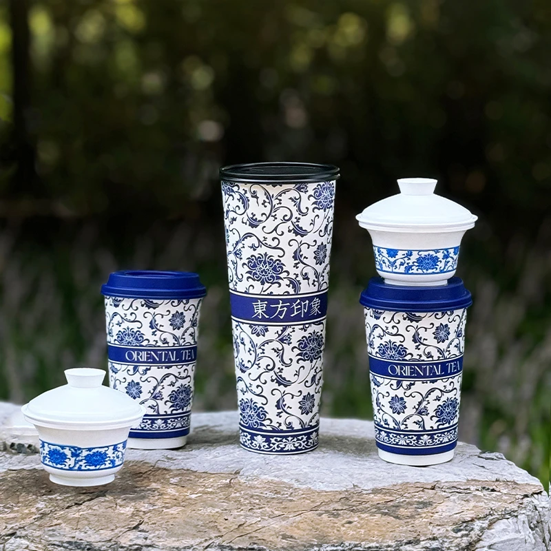 网红盲盒纸杯一次性奶茶杯青花瓷国风茶饮热咖啡杯子带盖商用定制