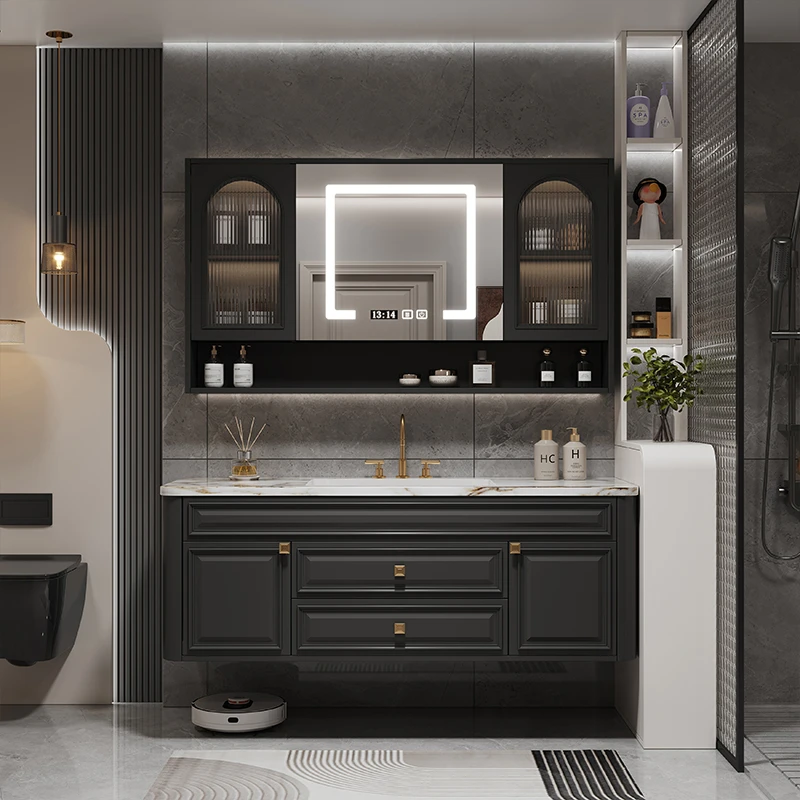 黑色美式浴室柜岩板一体无缝盆天然奢石卫生间洗漱台实木洗手脸盆