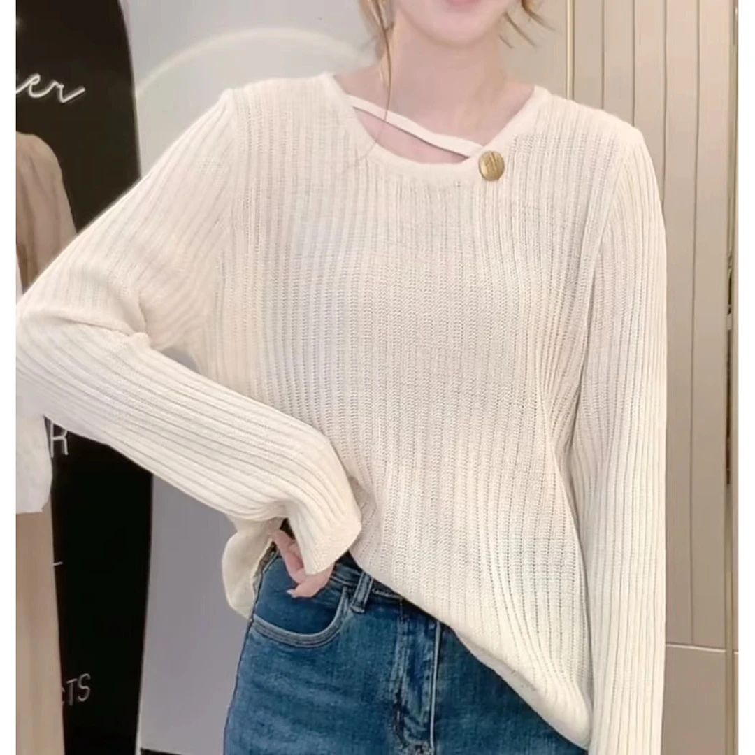 【绮可儿】春秋新款法式小心机领口遮肉显瘦气质套头针织衫女