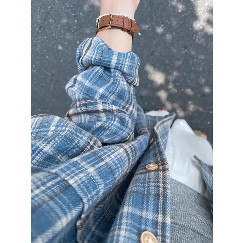 法式蓝色格子长袖衬衫女秋季oversize原宿风衬衣韩系磨毛情侣外套
