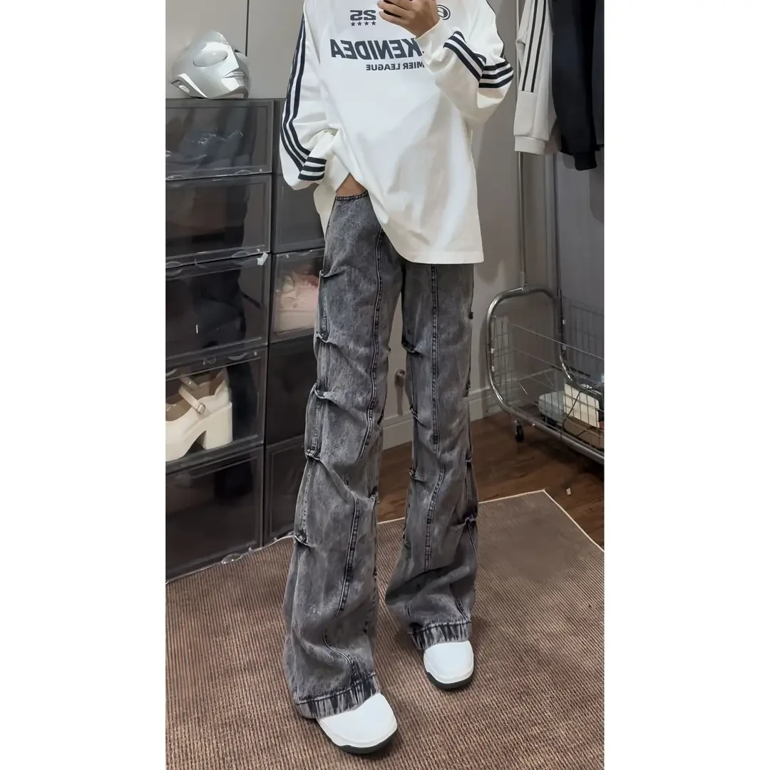 美式复古设计感褶皱牛仔裤男款秋冬季直筒修身小众潮牌高街微喇裤