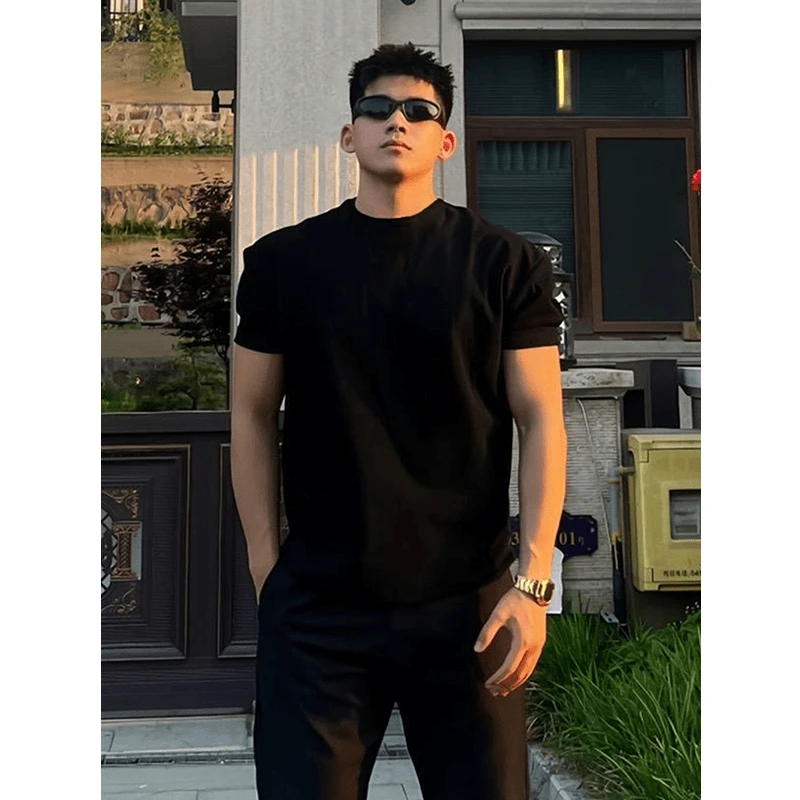 黑色正肩潮流t恤男士夏季健身短袖美式宽松百搭衣服重磅内搭半袖