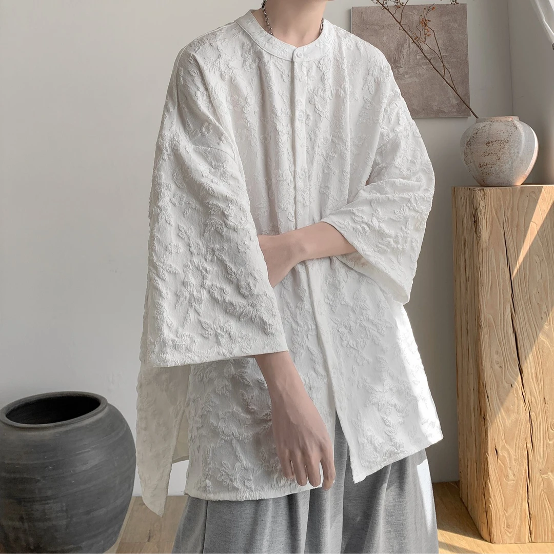 新中式浮雕压花短袖衬衫男夏季高级感国风潮牌痞帅五分袖衬衣外套