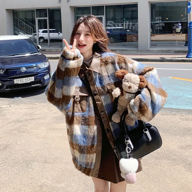 设计感复古拼接格子毛呢外套男高级感冬痞帅美式宽松保暖呢子大衣