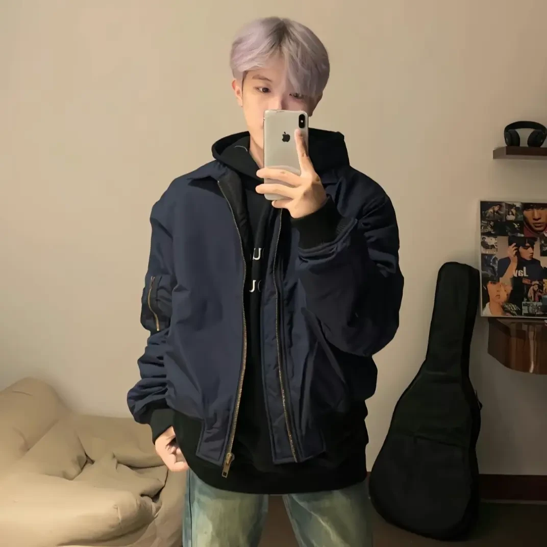 美式复古藏青色飞行员夹克男款秋冬季短款cleanfit棒球服棉衣外套