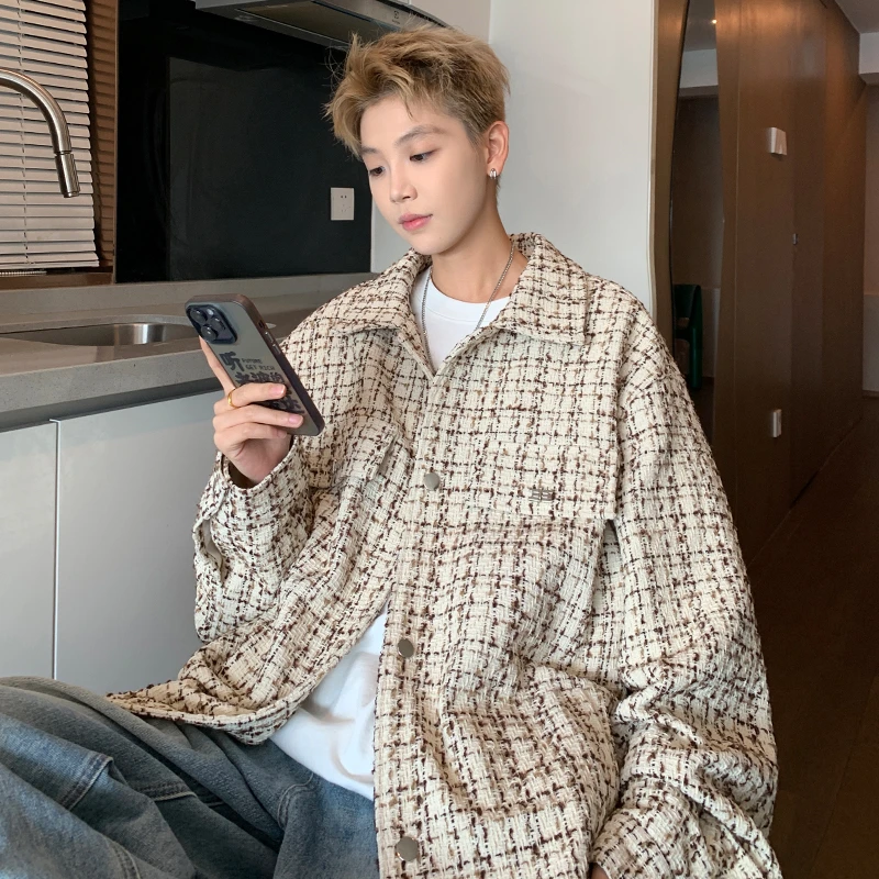 千鸟格小香风外套男高级感痞帅美式复古潮流2024秋季新款夹克上衣