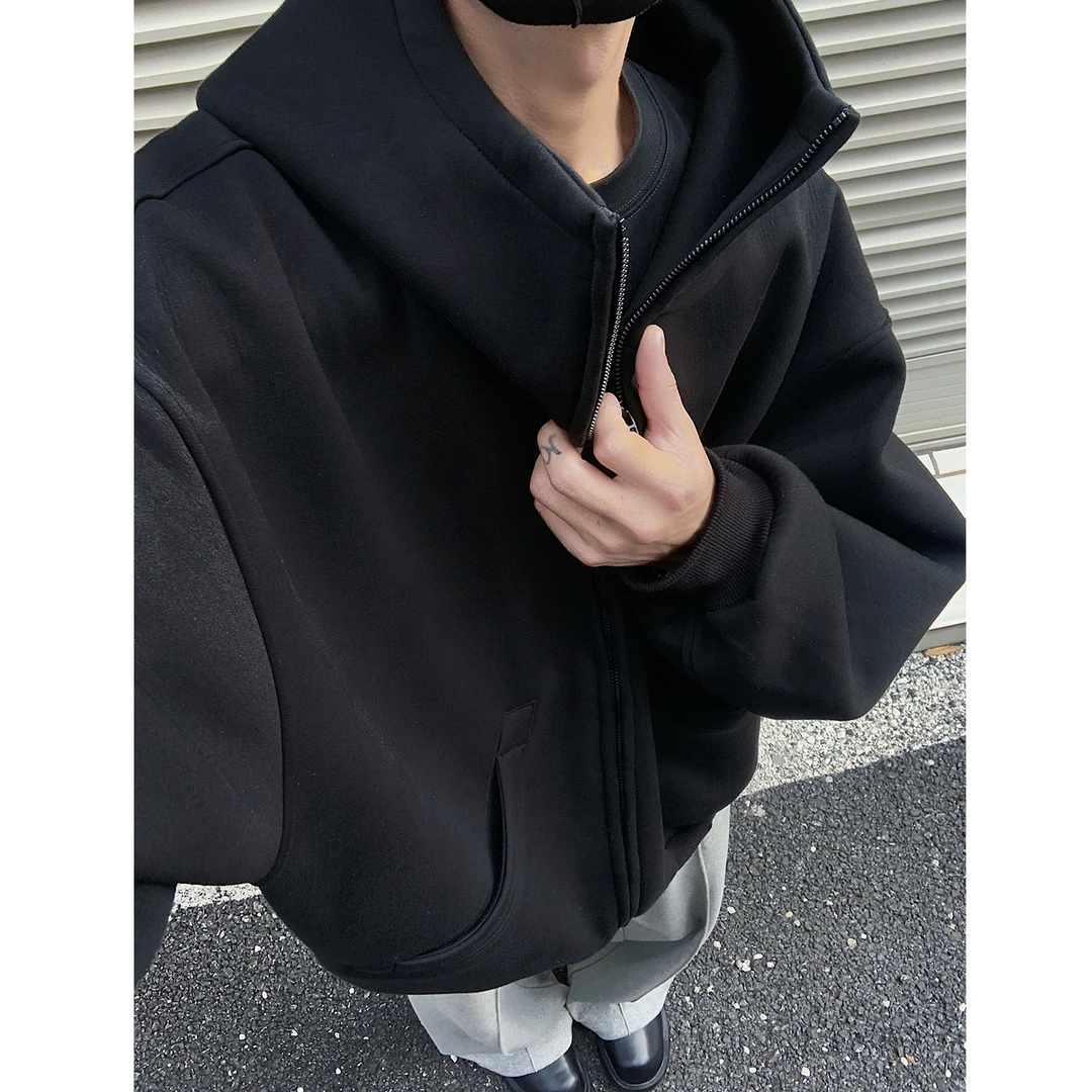 500g重磅廓形开衫连帽卫衣男秋冬季新款纯色简约百搭硬挺情侣外套