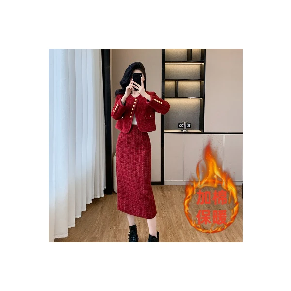 实拍红色小香风秋冬2024新款爆款高级感订婚回门裙子两件套