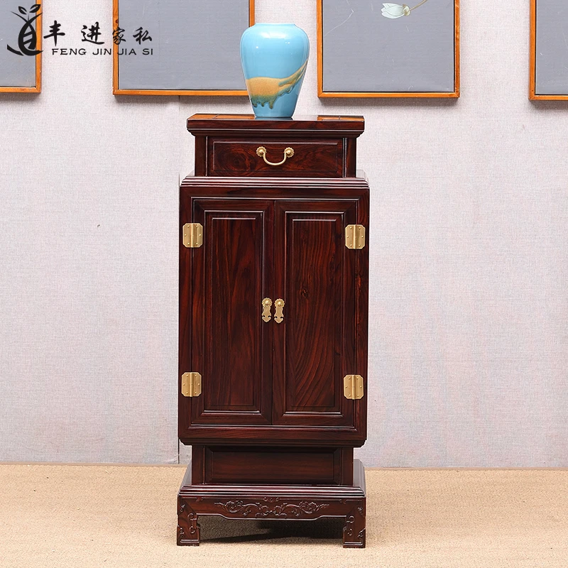 国标红木花架室内花盆架印尼黑酸枝阔叶黄檀雕花带门带抽屉置物架