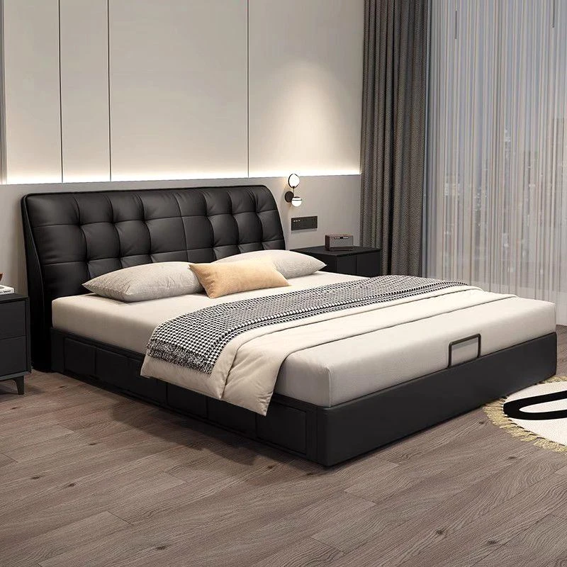 真皮床主卧高端大气现代简约储物黑色轻奢意式极简双人婚床主卧室