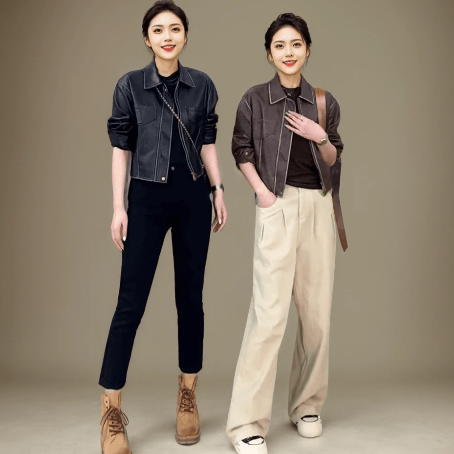 皮衣女短外套2024新款设计感复古机车皮夹克小个子短款上衣2407