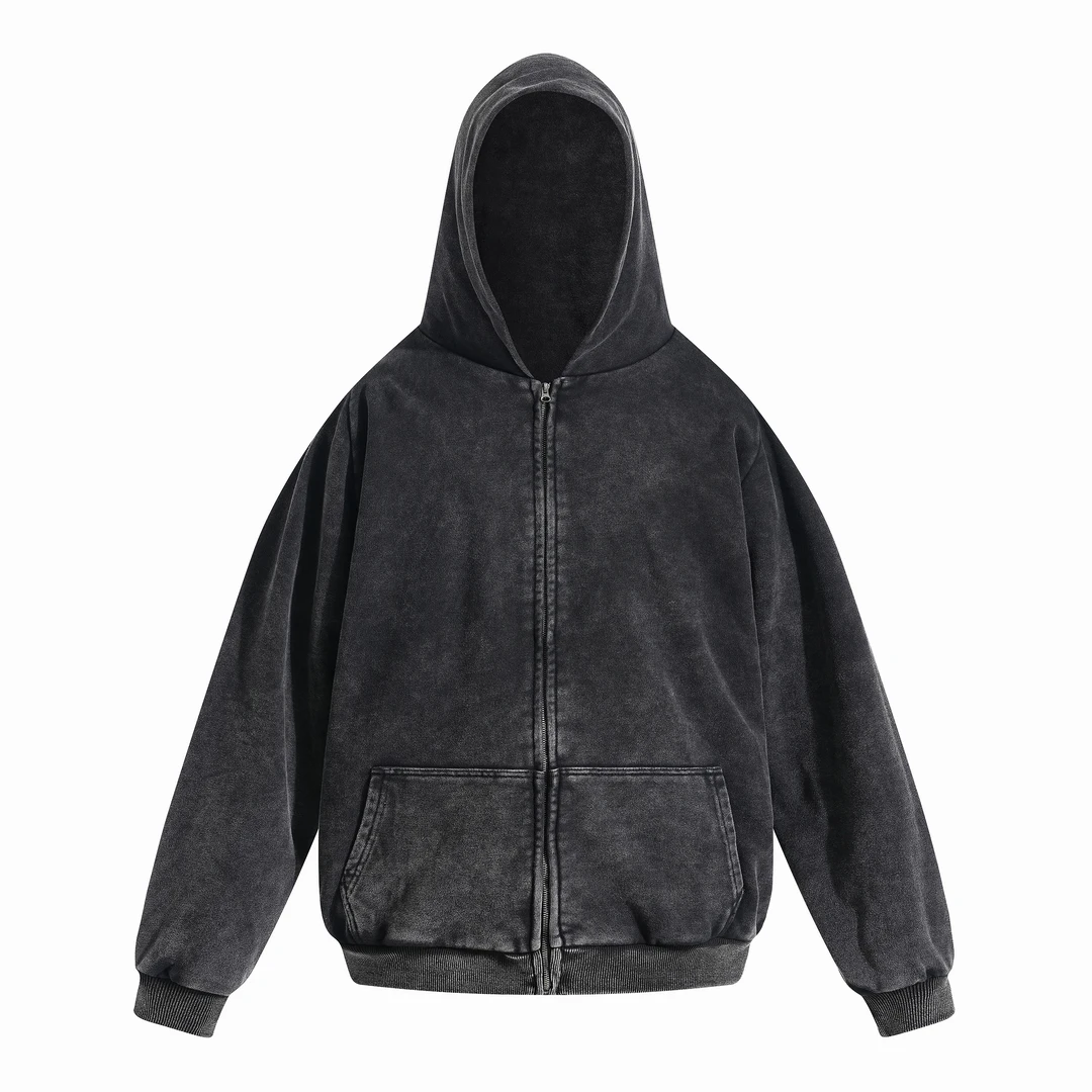 拉链卫衣双层外套重磅短宽版型侃爷卫衣外套连帽洗水黑炒色工艺