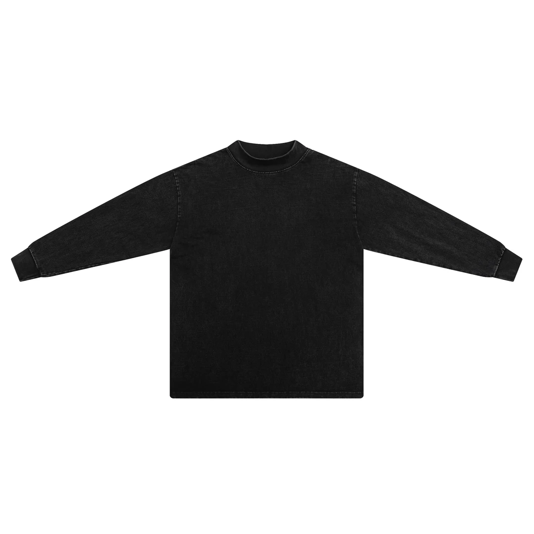 洗水黑做旧纯色短袖重磅小领口T恤上衣男士长袖