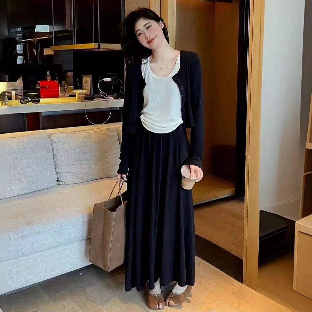 春夏季休闲韩版气质百搭开衫+背心+显瘦高腰半身裙三件套套装