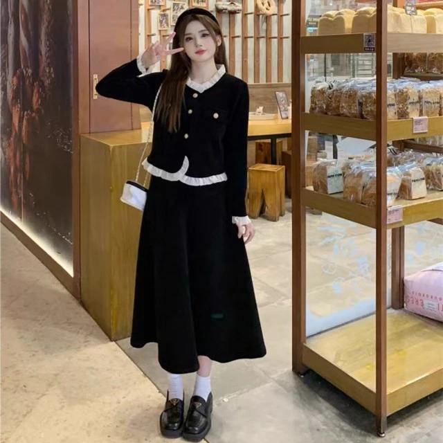 秋冬季赫本风气质黑色时尚小香风外套＋半身裙套装