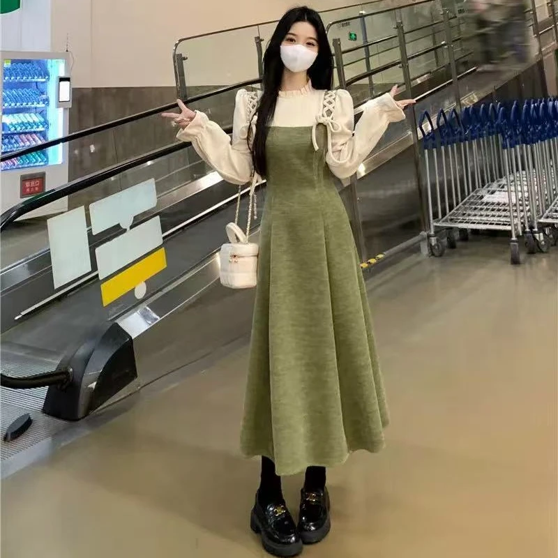 冬季加绒加厚复古假两件高级感设计显瘦连衣裙