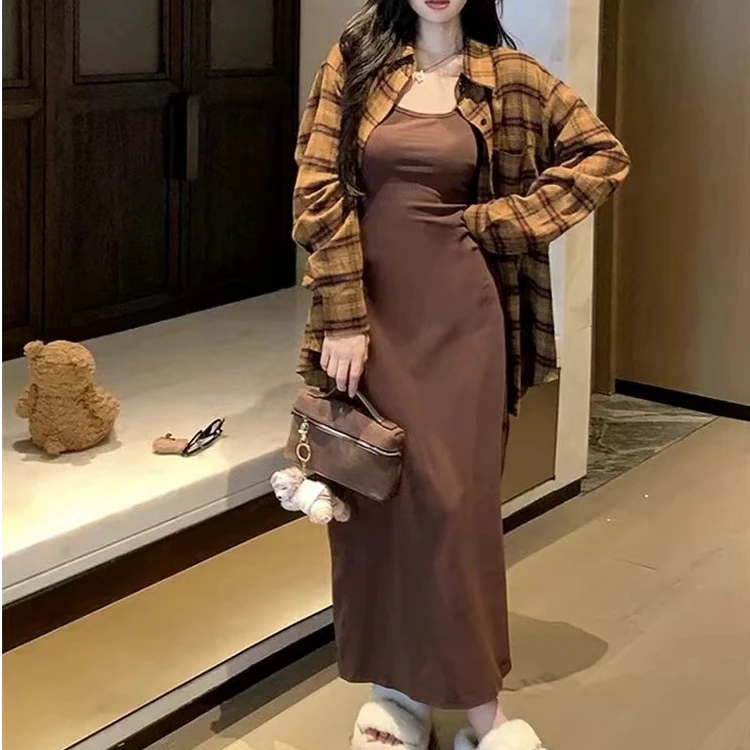 复古宽松慵懒格子衬衫+显瘦吊带连衣裙两件套套装