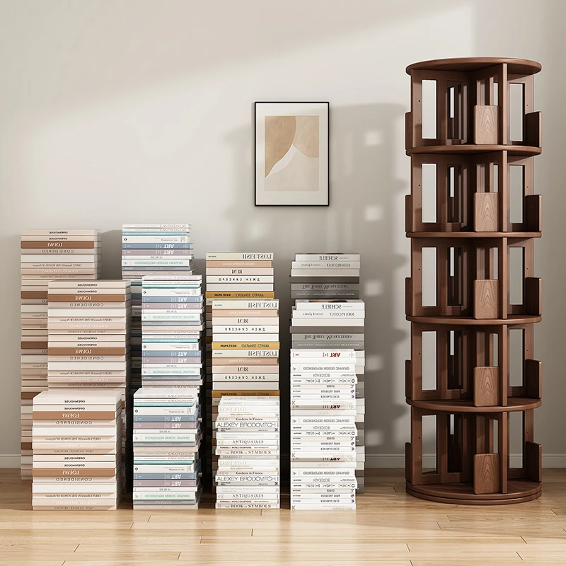 全实木书柜旋转书架360度儿童家用客厅绘本收纳可移动落地置物架