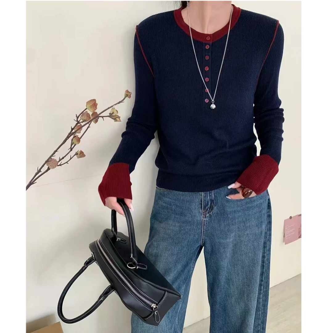 2024秋季新款针织衫女款拼色圆领长袖别致高级感时尚气质上衣3823