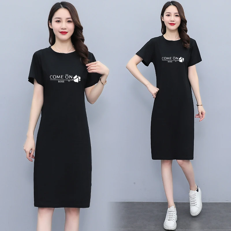 大码短袖连衣裙女2023夏季新款大码女装韩版宽松显瘦过膝t恤裙子
