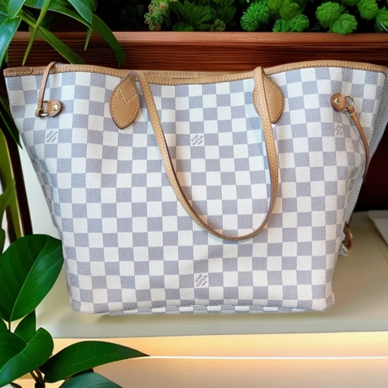 95新 LouisVuitton/路易威登 Neverfull白棋盘格购物袋 1002 7322