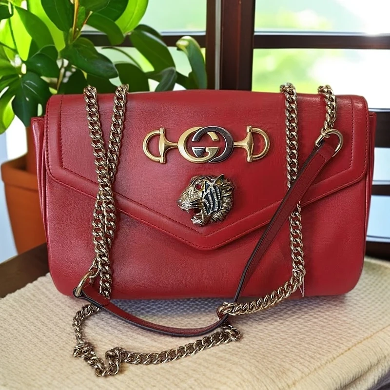95新 GUCCI/古驰  红色虎头马衔扣链条包 1102 0376