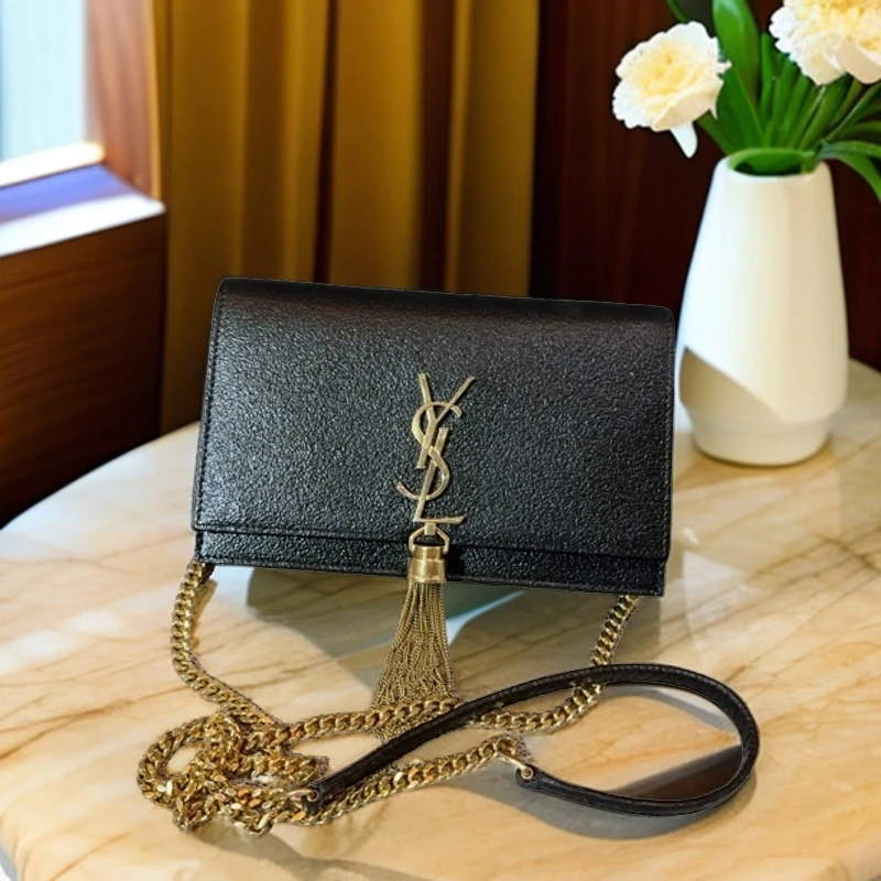 95新 YSL/圣罗兰 黑金流苏包 937 7563