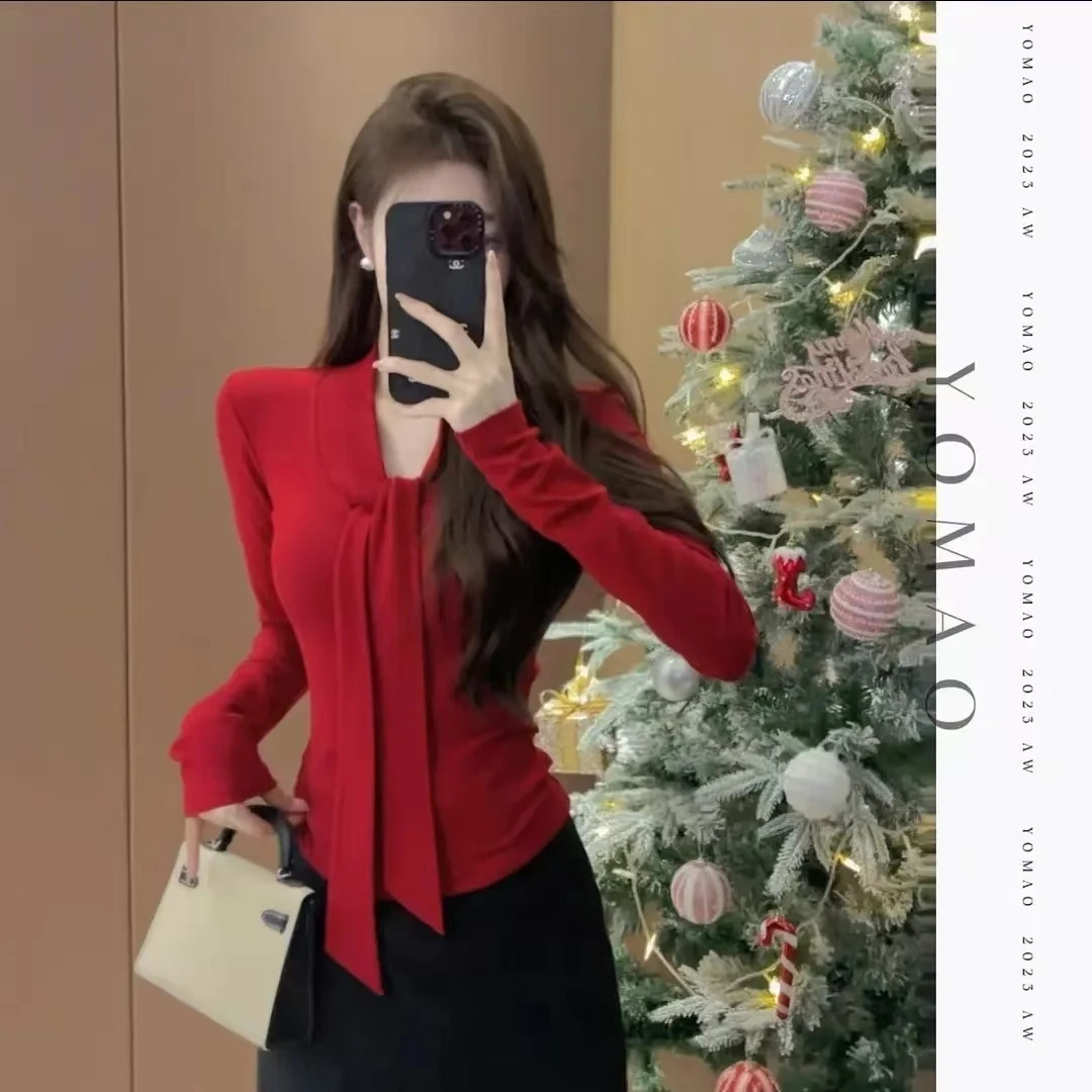 2024新款女显瘦气质百搭紧身飘带长袖系带修身上衣打底衫