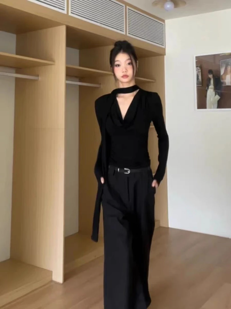 黑色飘带荡领长袖T恤女早秋季高级感修身显瘦褶皱内搭打底衫上衣